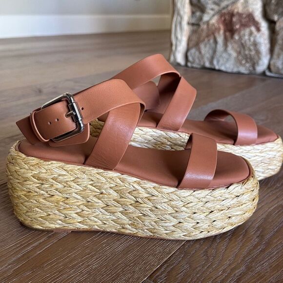 Donna Karan Pure Lolah Ankle Strap Raffia Platform Sandal In Cognac - Picture 7 of 14